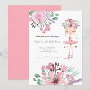 Invitation Ballerina Florals Foliage Girls 6e fête d'annivers