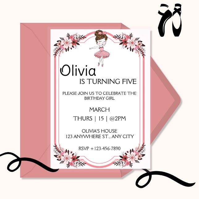 Invitation Ballerina Girl en Robe rose fête d'anniversaire (Créateur téléchargé)