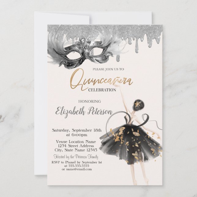 Invitation  Ballerina Masque Glitter Drips Quinceanera (Devant)