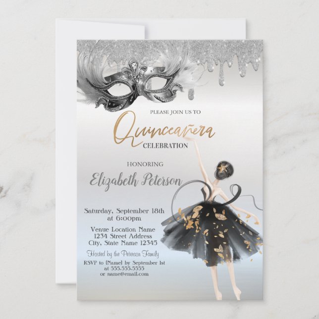 Invitation  Ballerina Masque Glitter Drips Silver Quinceanera (Devant)