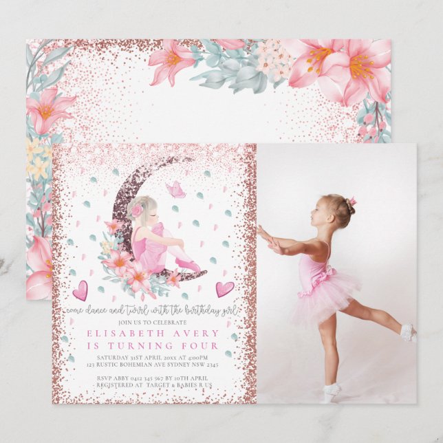 Invitation Ballerina Moon Pastel Parties scintillant rose Ann (Devant / Derrière)
