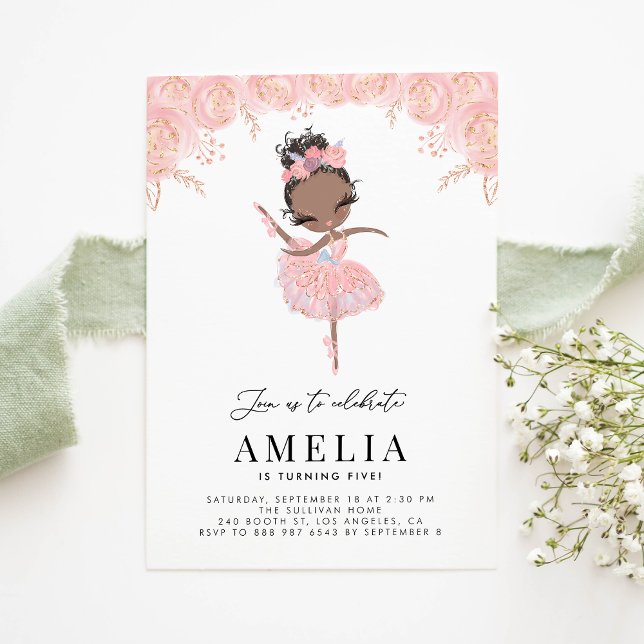 Invitation Ballerina noire en Robe rose Fleur Anniversaire (Créateur téléchargé)