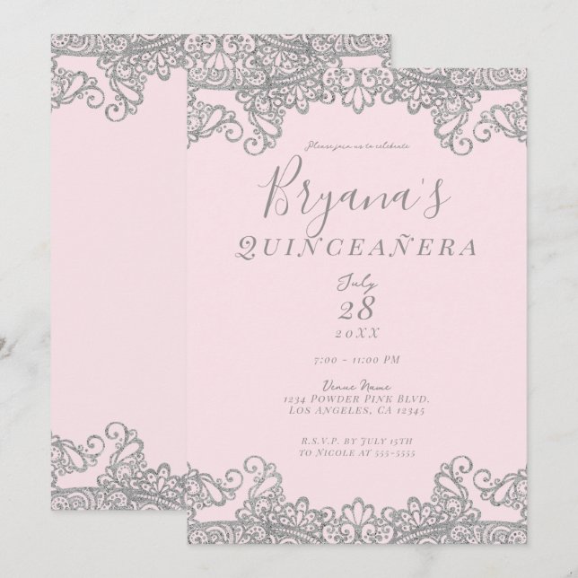 Invitation Ballerina Parties scintillant rose argent dentelle (Devant / Derrière)