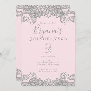 Invitation Ballerina Parties scintillant rose argent dentelle