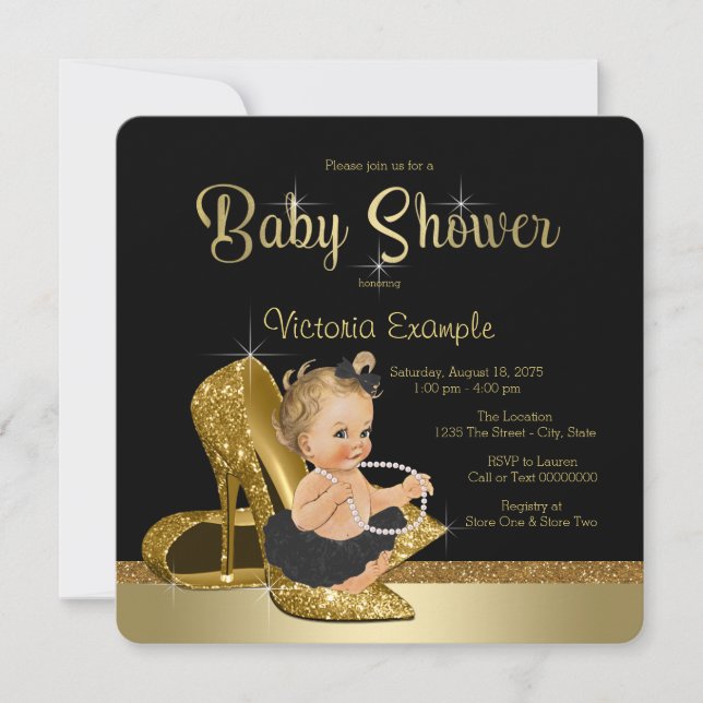 Invitation Ballerina Pearls Black Gold Chaussure Baby shower (Devant)