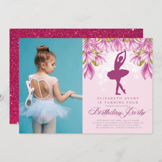 Invitation Ballerina Photo rose Anniversaire (Devant / Derrière)