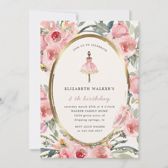 Invitation ballerina princesse floral blush fête d'anniversai (Devant)