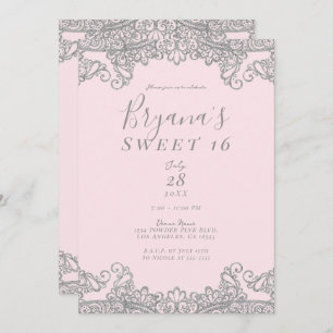 Invitation Ballerina Rose Argent Parties scintillant Dentelle