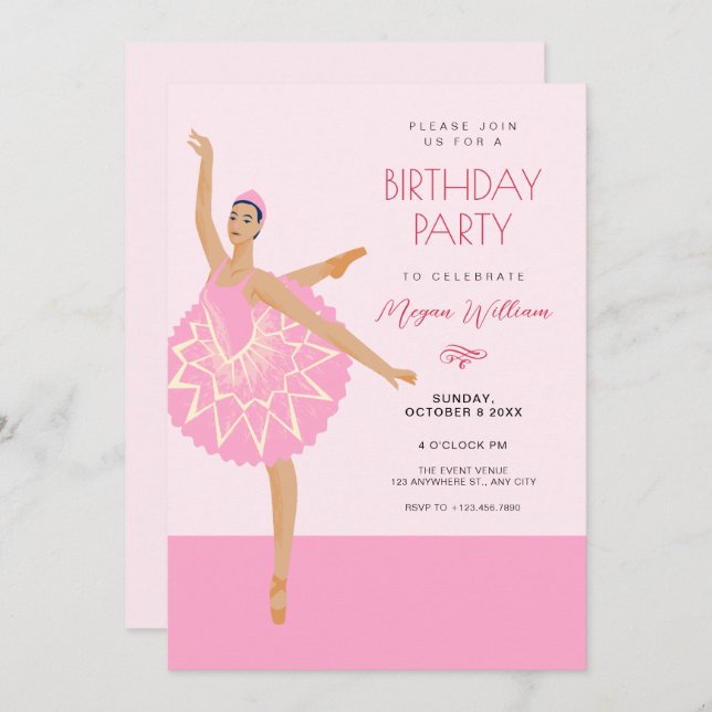 Invitation Ballerina rose ballon anniversaire (Devant / Derrière)