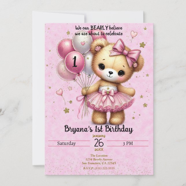 Invitation Ballerina rose Bear Parties scintillant Ballons 1e (Devant)
