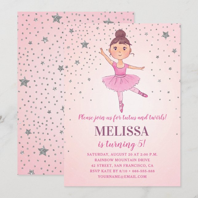 Invitation Ballerina Rose Etoiles d'argent mignonne | Fille A (Devant / Derrière)