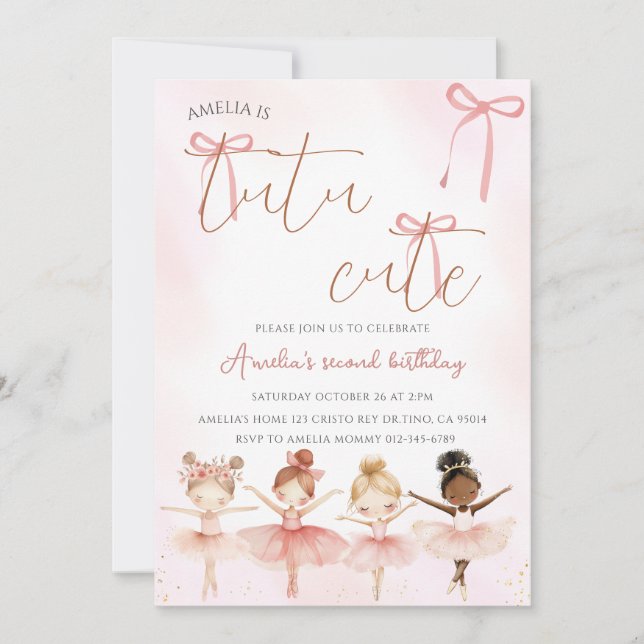 Invitation Ballerina rose Tutu mignonne Anniversaire (Devant)