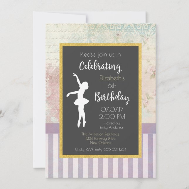 Invitation Ballerina sur Shabby Design Vintage fête d'anniver (Devant)