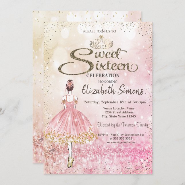Invitation Ballerina, Tiara Princess Bokeh Sweet 16 (Devant / Derrière)