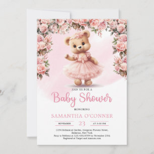 Invitation Ballerina tutu rose fille ours en peluche rousse r