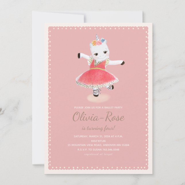 Invitation Ballerina Unicorn Rose Girl Anniversaire Invitatio (Devant)
