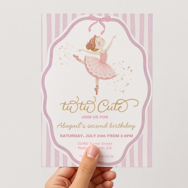 Invitation Ballerine 2e anniversaire rayures tutu mignon (ballerina tu-tu cute birthday invitation with watercolor background)