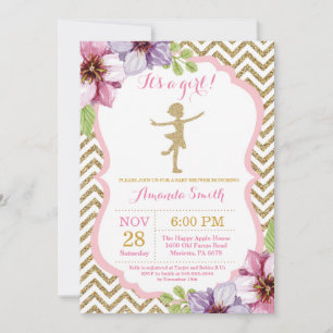 Invitation Ballerine Baby Shower Fuschsa et Paillettes Dorées