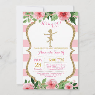 Invitation Ballerine Baby Shower Fuschsa et Paillettes Dorées