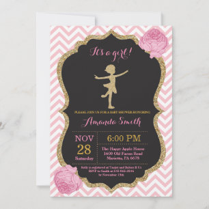 Invitation Ballerine Baby Shower Rose et Paillettes Dorées