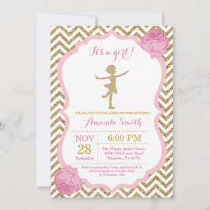 Invitation Ballerine Baby Shower Rose et Paillettes Dorées