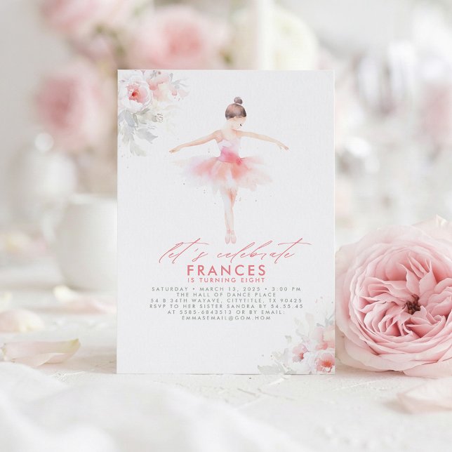Invitation Ballerine Ballet Floral Fête d'anniversaire Rose (Dreamy Elegant Pink Dress Ballerina Birthday Invitation)