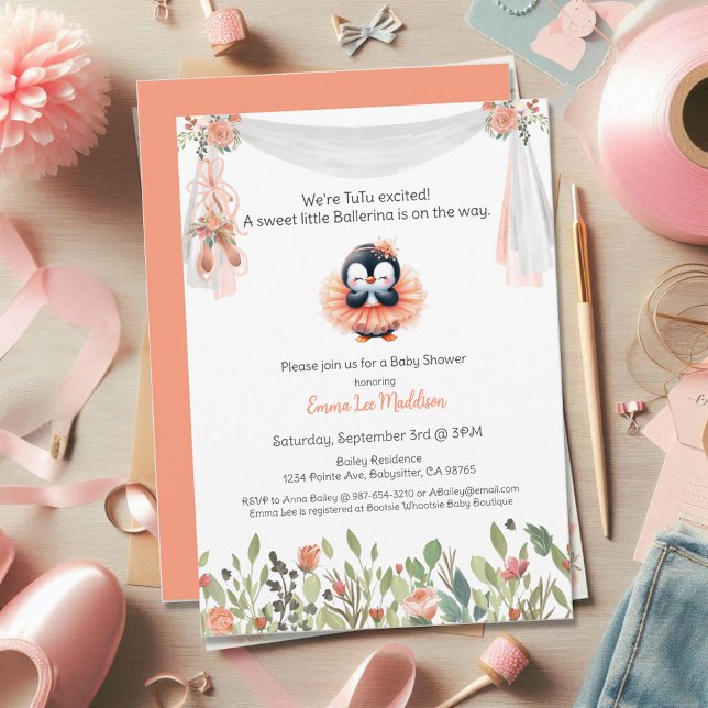 Invitation Ballerine Bébé Fille Douche Tutu Pingouin Excité (Créateur téléchargé)