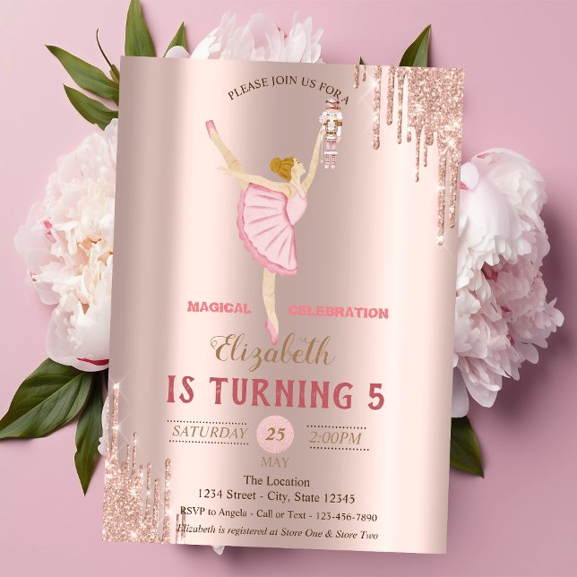 Invitation Ballerine Casse-Noisette Rose Gold Gouttes Anniver (Créateur téléchargé)