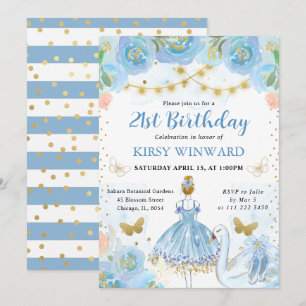 Invitation Ballerine Cheveux Blonds Tutu Bleu Anniversaire
