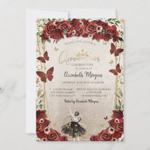Invitation Ballerine, Diadème, Fleurs Rouges Quinceañera