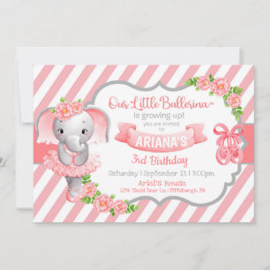 Invitation Ballerine Eléphant Rose Anniversaire