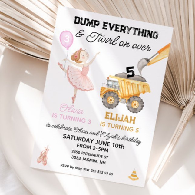 Invitation Ballerine et fête de construction pour anniversair (Joint birthday invitation ballerina and construction)