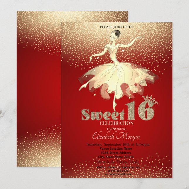 Invitation Ballerine, Paillettes de confettis dorés Rouge Swe (Devant / Derrière)