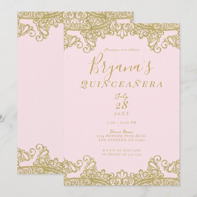 Invitation Ballérine Rose Gold Paillettes Dentelle Quinceañer (Devant / Derrière)