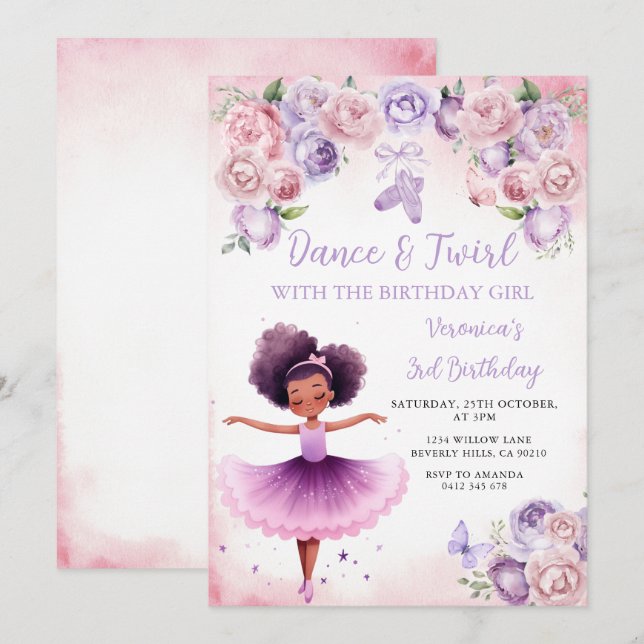 Invitation Ballerine Violette 3ème Anniversaire (Devant / Derrière)