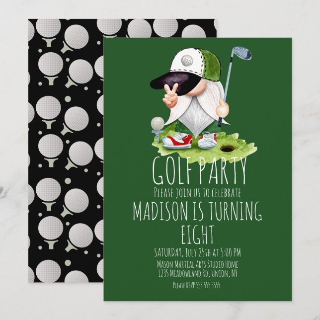 Invitation Balles de golf pour enfants Gnome Fête d'anniversa (Devant / Derrière)