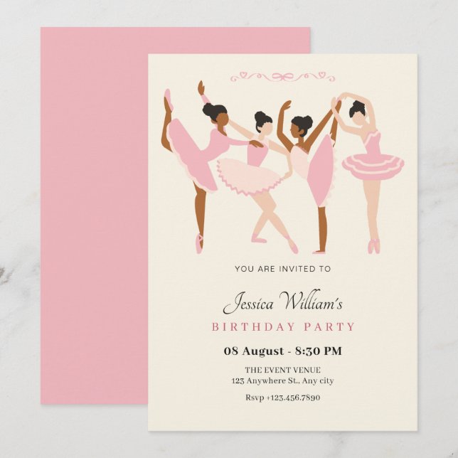 Invitation Ballet Ballerina élégant anniversaire (Devant / Derrière)