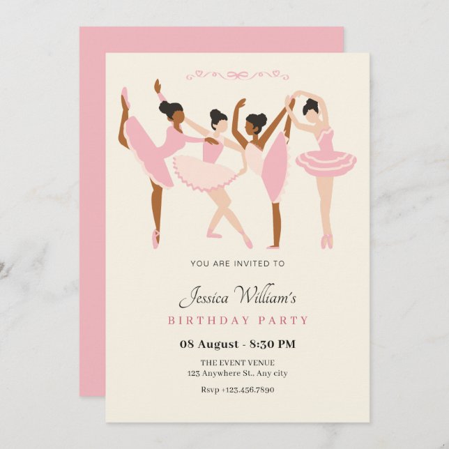 Invitation Ballet Ballerine élégant anniversaire (Devant / Derrière)