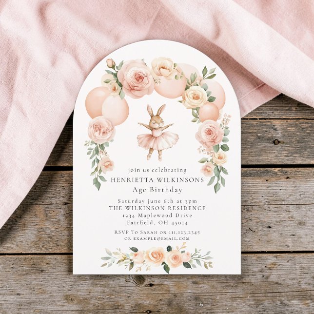 Invitation Ballet Bunny Peach Floral Arch Anniversaire (Créateur téléchargé)