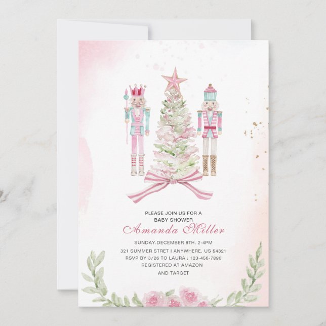 Invitation Ballet Casse-Noisette de Noël bébé rose aquarelle  (Devant)