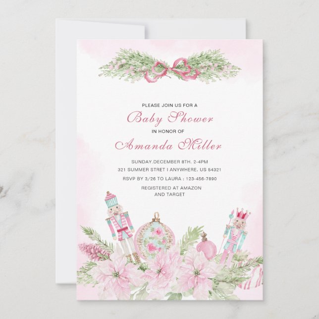 Invitation Ballet Casse-Noisette de Noël bébé rose aquarelle  (Devant)