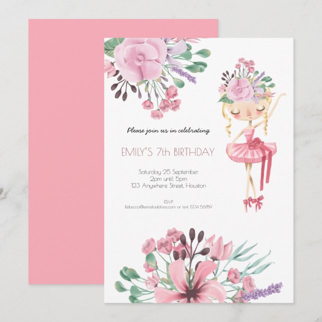 Invitation Ballet Dancer Florals Fille 7e fête d'anniversaire (Devant / Derrière)