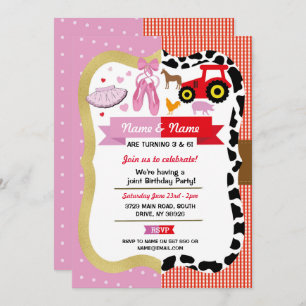 Invitation Ballet & Farm Joint Boy Girl Birthday Pink Horse