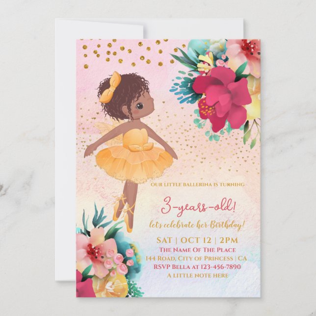 Invitation Ballet Girl rose Anniversaire Fête Enfants Invitat (Devant)