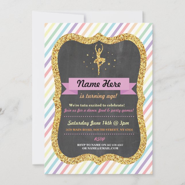 Invitation Ballet Rainbow Tutu Gold Parties scintillant Anniv (Devant)