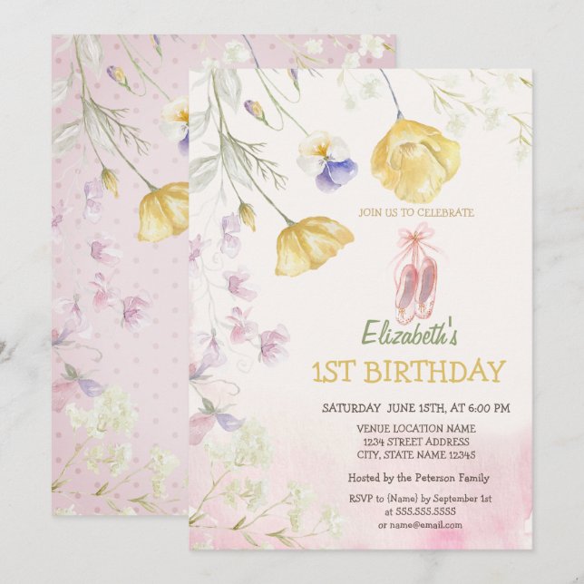 Invitation Ballet Toe Chaussures Fleur sauvage Anniversaire (Devant / Derrière)