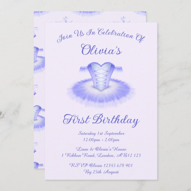 Invitation Ballet violet Anniversaire Tutu Watercolor Invitat (Devant / Derrière)