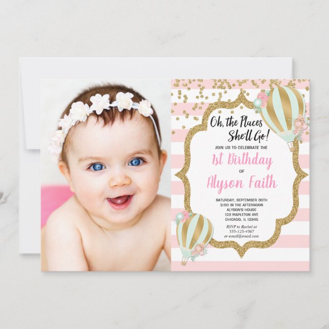 Invitation Ballon à air chaud 1er anniversaire rose or photo (Devant)