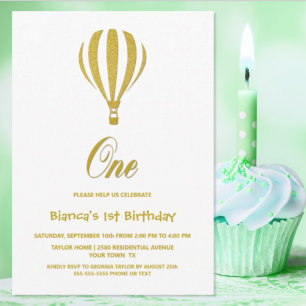 Invitation Ballon à Air Chaud Doré Fête de 1er Anniversaire
