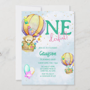 Invitation Ballon À Air Chaud Onederful Bleu 1er Anniversaire